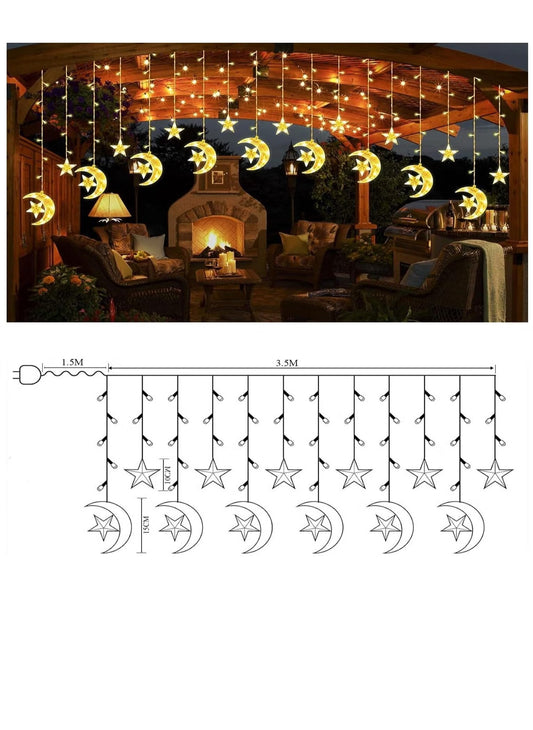 3.5mtr Moon Star LED Curtain Lights Ramadan Decorations, LED String Lights Eid Decorations for Home