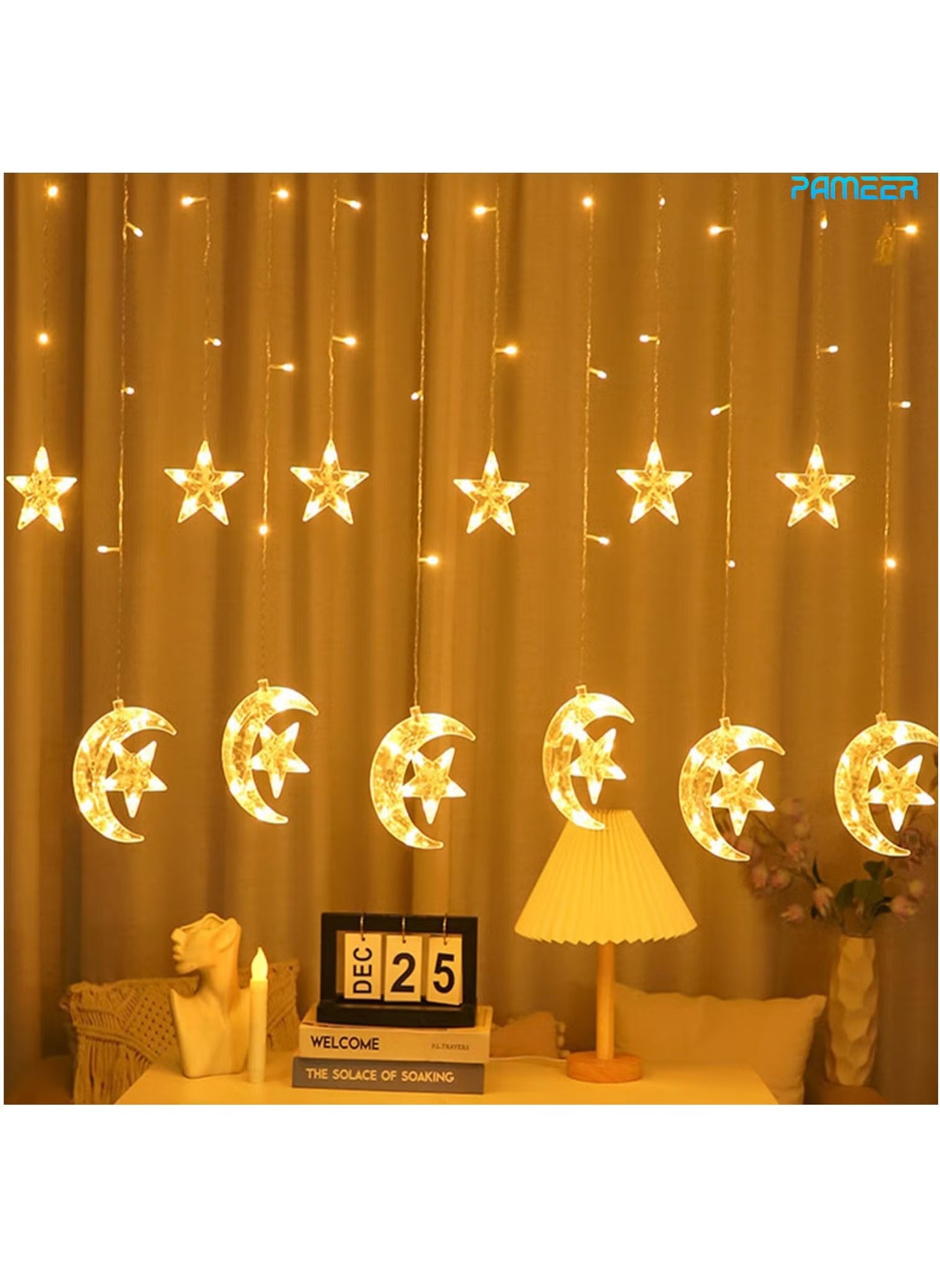 3.5mtr Moon Star LED Curtain Lights Ramadan Decorations, LED String Lights Eid Decorations for Home