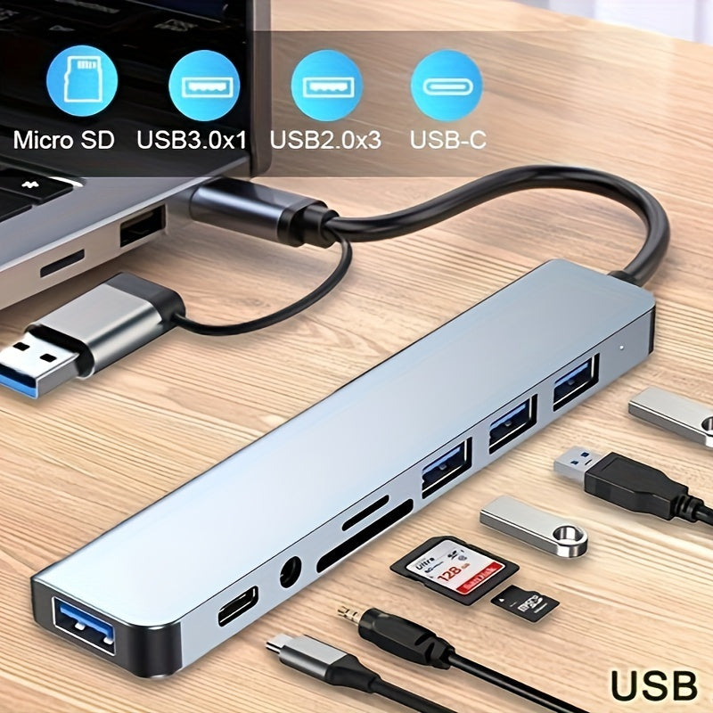 8-in-1 USB Hub with Audio Jack | Multi-Port Adapter for Tablets, USB-Powered, 5V - Compact and Efficient