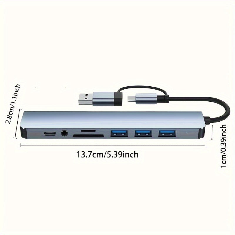 8-in-1 USB Hub with Audio Jack | Multi-Port Adapter for Tablets, USB-Powered, 5V - Compact and Efficient