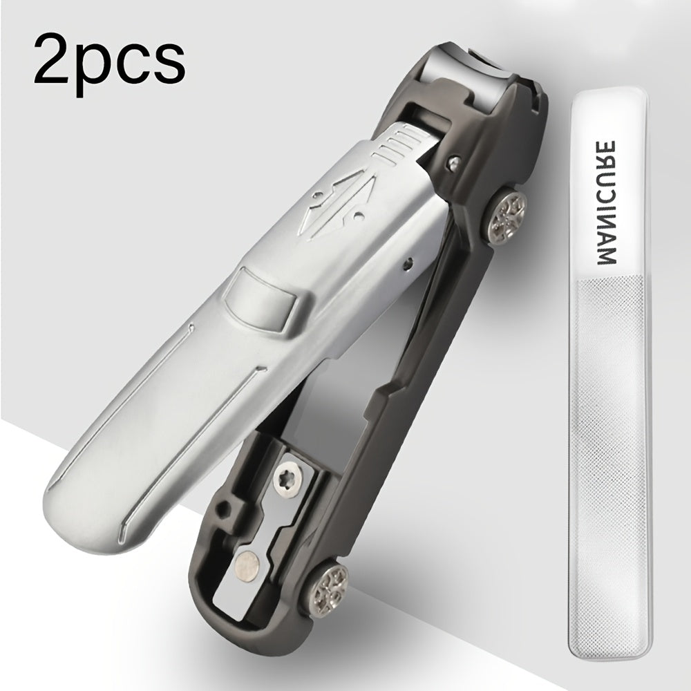 2pcs Modern Stainless Steel Nail Clippers Set, Concave Blade Edge, Portable Large Size, Fingernail Care, Unscented, with Nail File, Car-Shaped Design, Splash-Proof, for Men and Women